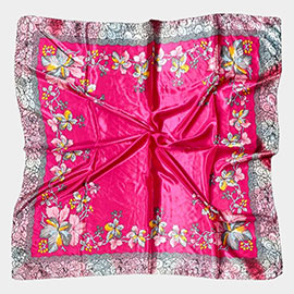 Flower Pattern Printed Square Silky Satin Scarf Shawl