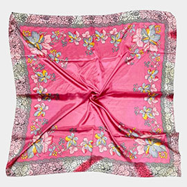 Flower Pattern Printed Square Silky Satin Scarf Shawl