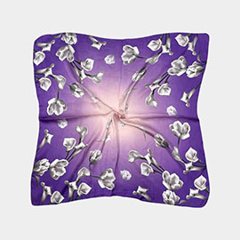 Flower Printed Square Silky Satin Scarf Shawl