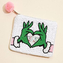 Merry Xmas Message Grinch Hand Sequin Beaded Christmas Mini Pouch Bag