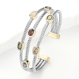 CZ Stone Paved Oval Pointed Triple Cable Split Cuff Bracelet