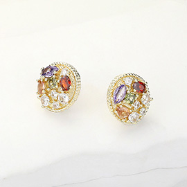 14K Gold Plated CZ Stone Embellished Oval Evening Stud Earrings