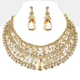 Teardrop Stone Accented Marquise Round Stone Embellished Chunky Collar Evening Necklace