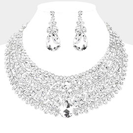 Teardrop Stone Accented Marquise Round Stone Embellished Chunky Collar Evening Necklace