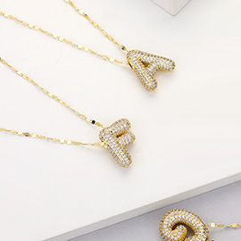 -F- Gold Dipped CZ Stone Paved Monogram Pendant Necklace