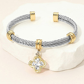 CZ Stone Quatrefoil Charm Dangle Cuff Bracelet