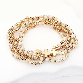 5PCS - Natural Stone Metal Cross Ball Beaded Stretch Multi Layered Bracelets