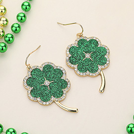 St Patricks Day Stone Embellished Glittered Four Leaf Clover Dangle Earrings