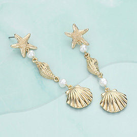 Textured Metal Starfish Puka Shell Shell Pearl Link Dropdown Earrings