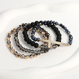 4PCS - Textured Metal Cross Pointed Natural Stone Faceted Beaded Stretch Multi Layered Bracelets