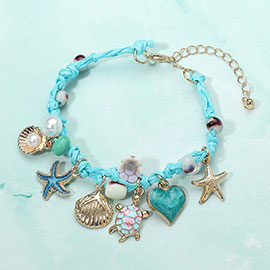 Enamel Starfish Turtle Metal Pearl Sea Shell Heart Charm Ceramic Flower Pearl Beaded Raffia Bracelet