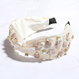 Enamel Sea Shell Starfish Pearl Stone Cluster Embellished Knot Headband