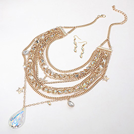 Teardrop Stone Pendant Pointed Star Starfish Charm Embellished Multi Layered Statement Necklace