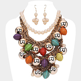 Chunky Metal Textured Ball Glass Ball Beaded Baguette Stone Embellished Braided Chain Layered Statement Necklace