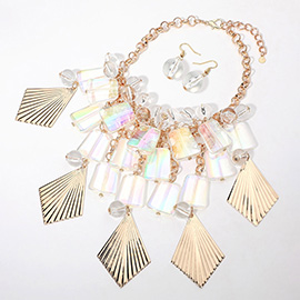 Textured Metal Acrylic Plate Ball Beaded Chandelier Statement Necklace