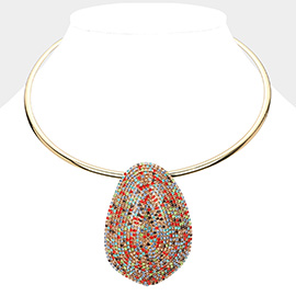 Rhinestone Paved Abstract Oval Pendant Statement Necklace