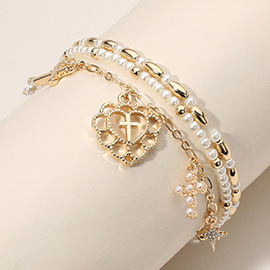 3PCS - Cross Charm Pearl Beaded Stretch Multi Layered Bracelets