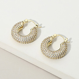 Gold Dipped CZ Stone Paved Chunky Pin Catch Hoop Earrings