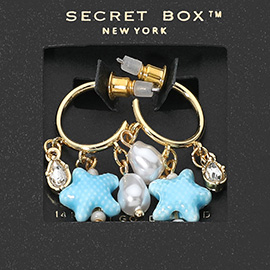 SECRET BOX_14K Gold Dipped Ceramic Starfish Pearl Stone Charm Dangle Hoop Earrings