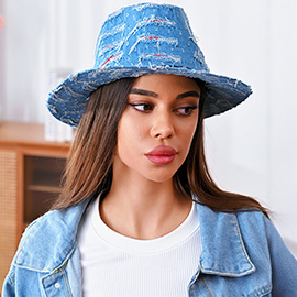 Vintage Distressed Ripped Denim Fedora Hat