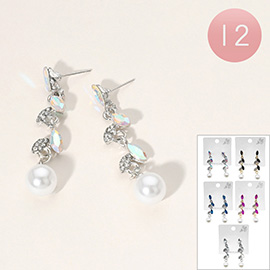 12Pairs - Marquise Stone Leaves Dropdown Pearl Dangle Earrings