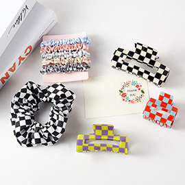 9PCS - Cellulose Acetate Checkered Square Hair Claw Clips Stretchable Fabric Hairbands Set