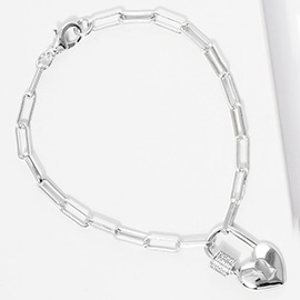 White Gold Dipped CZ Stone Paved Heart Lock Carabiner Pointed Paperclip Chain Bracelet