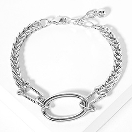 White Gold Dipped Oval Ring Pointed Chunky Chain Bracelet