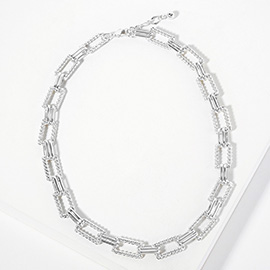 White Gold Dipped Textured Rectangle Link Chain Necklace