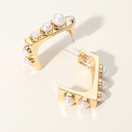 Geometric Pearl Studded Half Square Hoop Earrings