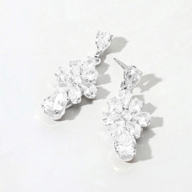 Flower CZ Stone Cluster Teardrop Dangle Evening Earrings