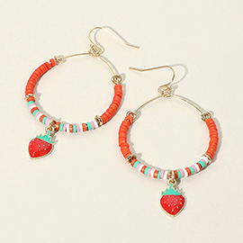 Heishi Beaded Wire Ring Enamel Strawberry Pointed Dangle Earrings