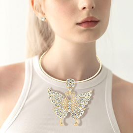 Bold Stone Embellished Butterfly Pendant Statement Necklace