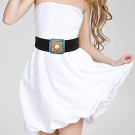 Boho Tribal Inspired Beaded Buckle Pointed Raffia Woven Elastic Waist Belt