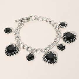 Heart Round Stone Charm Station Toggle Bracelet