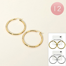 12Pairs - Stainless Steel Pin Catch Hoop Earrings 