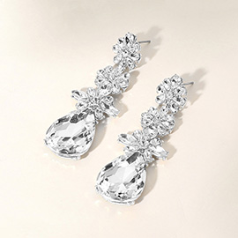 Triple Flower Stone Cluster Link Teardrop Pointed Evening Earrings