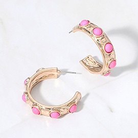 Bead Embellished Hammered Metal Hoop Earrings