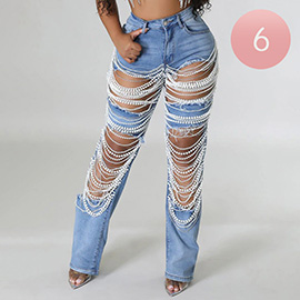 6Pairs - Pearl Chain Ripped Denim Jeans