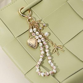 Metal Heart Locket Bow Cherry Pearl Charm Floral Pearl Beaded Wristlet Keychain / Bag Charm