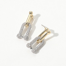 14K Gold Plated Two Tone CZ Stone Paved Hardware Chain Link Earrings