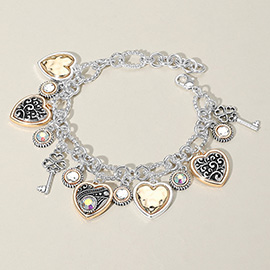 Two Tone Antique Metal Heart Clover Key Stone Charm Station Bracelet