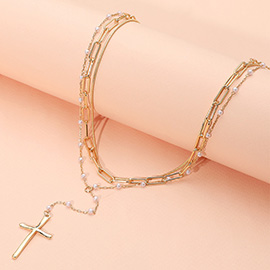 Cross Pendant Pointed Pearl Paperclip Chain Layered Necklace