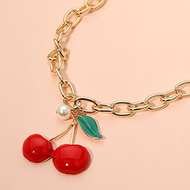 Enamel Cherry Pearl Charm Chunky Choker Necklace