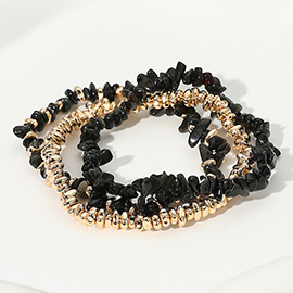 3PCS - Natural Stone Metal Beaded Stretch Multi Layered Bracelets