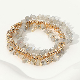 3PCS - Natural Stone Metal Beaded Stretch Multi Layered Bracelets