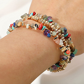 3PCS - Natural Stone Metal Beaded Stretch Multi Layered Bracelets