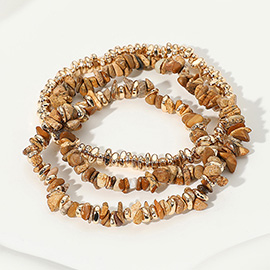 3PCS - Natural Stone Metal Beaded Stretch Multi Layered Bracelets