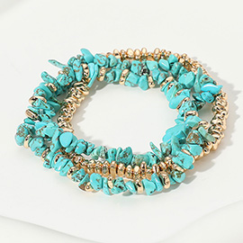 3PCS - Natural Stone Metal Beaded Stretch Multi Layered Bracelets