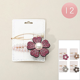12 SET OF Pearl Pointed Bobbi Pin Stone Paved Flower Pearl Hair Clip Set